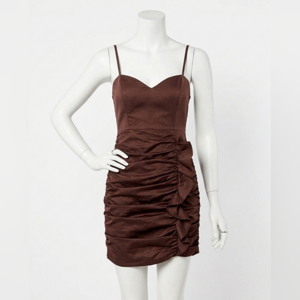 ZARA NWOT Brown Linen Sleeveless Fitted Sweetheart Ruffle Mini Dress - Size M